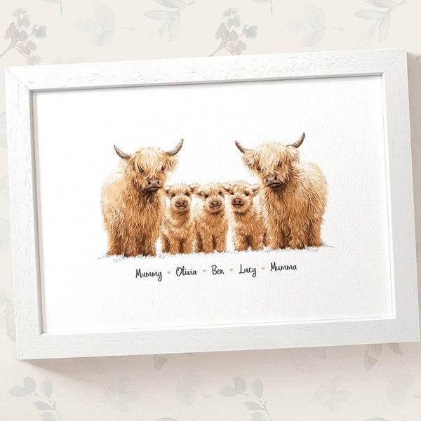 Highland cow family portrait print with any names, mothers day gifts for mum, personalised birthday present for mother in law