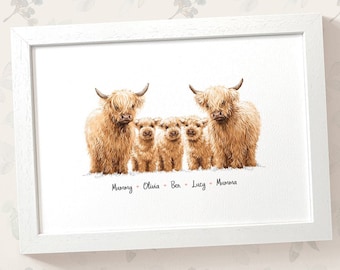 Highland cow family portrait print with any names, mothers day gifts for mum, personalised birthday present for mother in law