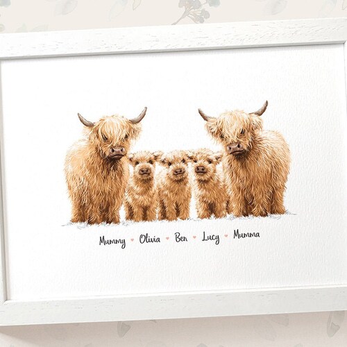 Highland Cow family portrait, personalised print new mum gift, first time parents gift for mom, family adoption gifts, mother in law gift