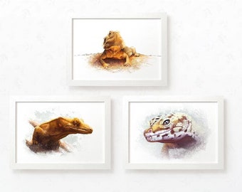 Reptile Art Prints: Crested Gecko, Leopard Gecko, Bearded Dragon Set