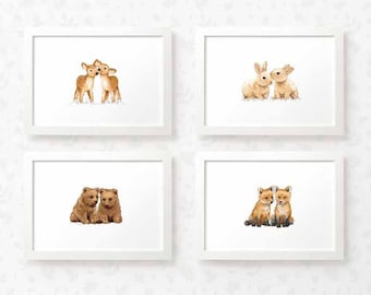 Twin Woodland Nursery Decor: Animal Prints Set of 4