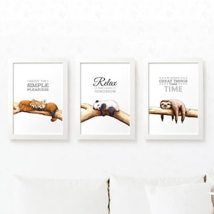 Sloth Panda Red Panda Prints Set of 3 inspirational wall art, teacher retirement gifts for women, housewarming gift new home gift