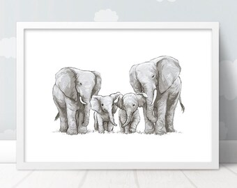 Elephant Family 3 Name PrintNew Baby Shower Mom Dad GiftUnframed 1A-2B