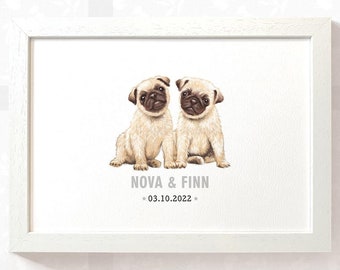 Twin baby gift Pug nursery name sign, Pug baby shower christening gift nursery prints, Dog first birthday letterbox gift