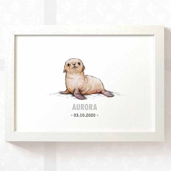 Seal Baby Name Print - Seal adoption day gift, baby shower gift birth date print, Seal nursery print new baby gift, Seal letterbox gift