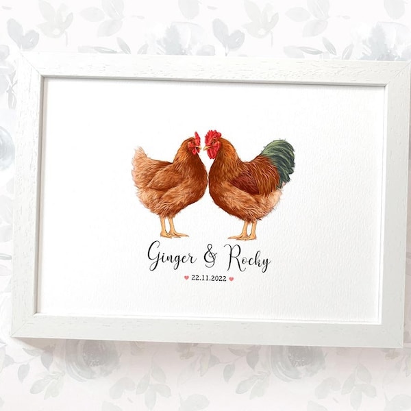 Chicken Wedding Gifts, Personalised Bird Print Engagement Gifts or 1st Anniversary Gift for Her, Valentines Day Gift for Him