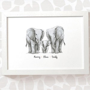 Personalised Elephant Family Of 3 Nursery Wall Art Printed with Any Names, Perfect for Safari Nursery Decor or Baby Shower Gift