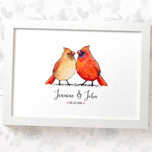 Cardinal Wedding Gifts, Personalised Bird Print Engagement Gifts or 1st Anniversary Gift for Her, Valentines Day Gift for Him