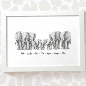 Elephant family portrait print with any names, mothers day gifts for mum, personalised birthday present for mother in law