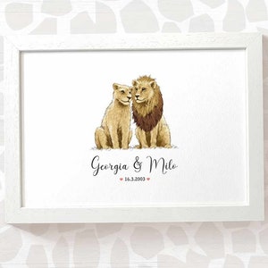 Lion Wedding Gifts, Personalised Print Engagement Gifts or 1st Anniversary Gift for Her, Valentines Day Gift for Him