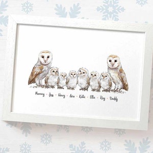 Owl family portrait print with any names, mothers day gifts for mum, personalised birthday present for mother in law