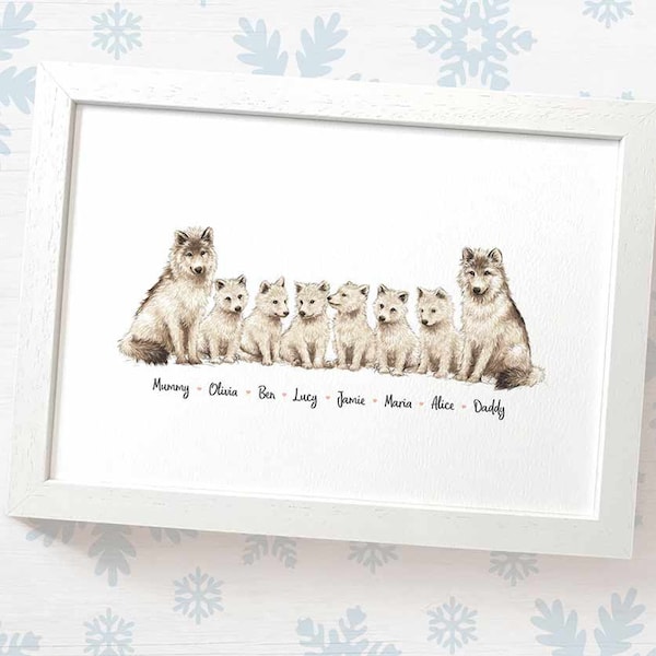 Wolf family portrait print with any names, mothers day gifts for mum, personalised birthday present for mother in law