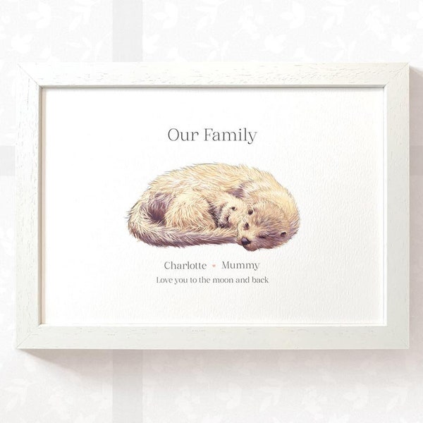 Personalised Otter Family Portrait Print – Custom Wildlife Art Gift
