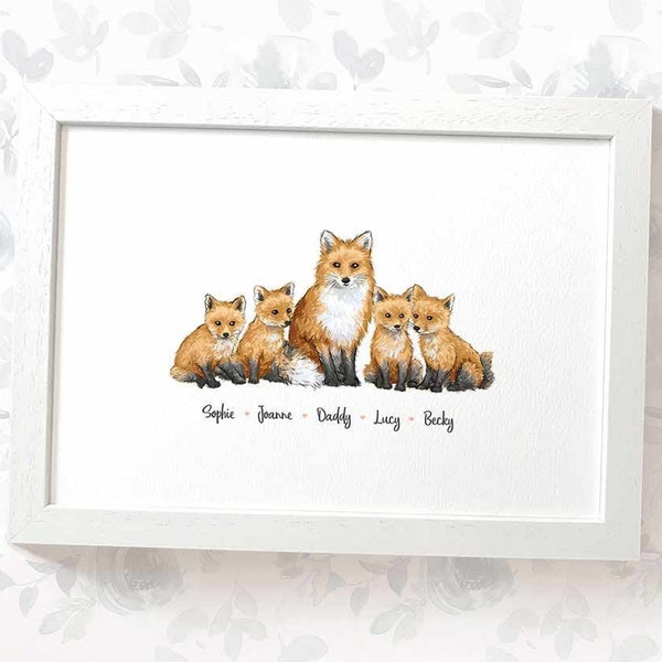 Fox family portrait print with any names, mothers day gifts for mum, personalised birthday present for mother in law