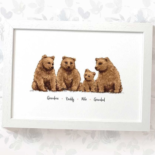 Bear family portrait print with any names, mothers day gifts for mum, personalised birthday present for mother in law