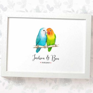 Lovebird Wedding Gifts, Personalised Bird Print Engagement Gifts or 1st Anniversary Gift for Her, Valentines Day Gift for Him