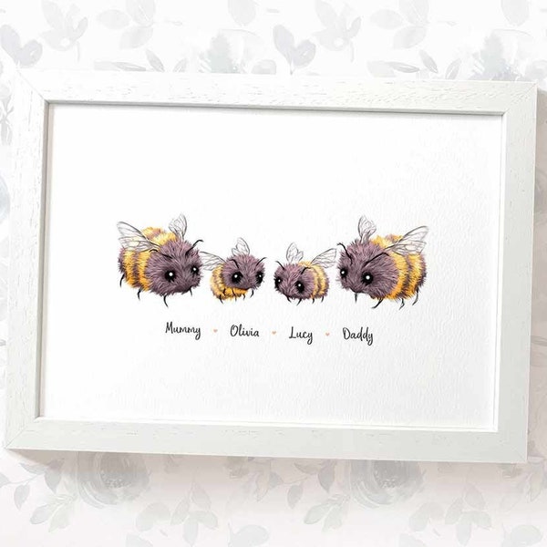 Bumblebee family portrait print with any names, mothers day gifts for mum, personalised birthday present for mother in law