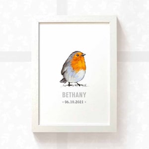 Robin Baby Name Print - bird baby shower gift birth date print, Robin nursery print new baby gift, bird new baby letterbox gift name reveal