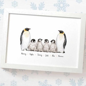 Penguin family portrait print with any names, mothers day gifts for mum, personalised birthday present for mother in law