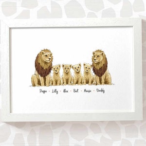 Lion family portrait print with any names, mothers day gifts for mum, personalised birthday present for mother in law