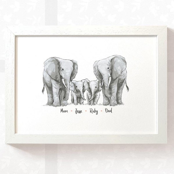 Personalised Elephant Family Of 4 Nursery Wall Art Printed with Any Names, Perfect for Safari Nursery Decor or Baby Shower Gift