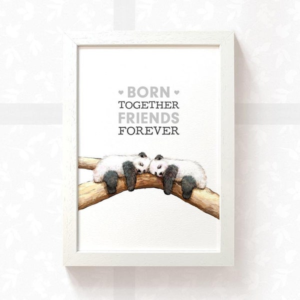 Sleeping pandas print "Born together, friends forever" twin baby gift zoo animal nursery christening gift, baby shower gift jungle wall art