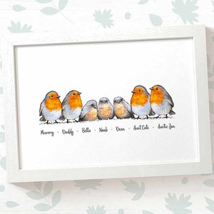 Robin family portrait print with any names, mothers day gifts for mum, personalised birthday present for mother in law