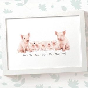 Pig family portrait print with any names, mothers day gifts for mum, personalised birthday present for mother in law