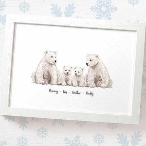 Polar bear family portrait print with any names, mothers day gifts for mum, personalised birthday present for mother in law