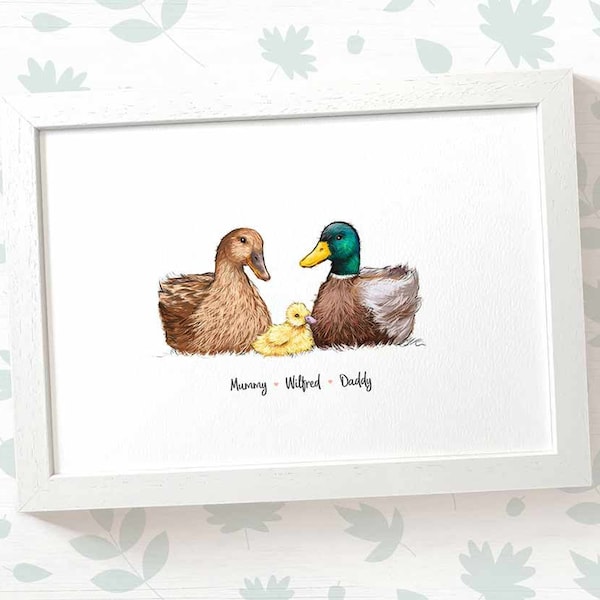 Duck family portrait print with any names, mothers day gifts for mum, personalised birthday present for mother in law