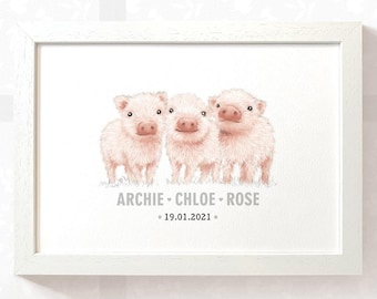 Triplet Pig Farm Animal Print, Farmhouse Nursery Wall Art New Baby Gift, Farmyard Baby Shower Letterbox Gift for Boys or Girls