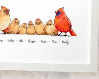 Cardinal family portrait print with any names, mothers day gifts for mum, personalised birthday present for mother in law