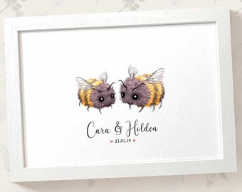 Bumble Bee Wedding Gifts, Personalised Print with Name and Engagement Date, Newlywed or 1st Anniversary Couples Gift