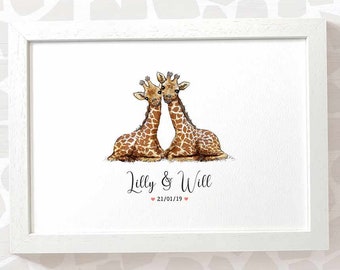 Giraffe Wedding Gifts, Personalised Print Engagement Gifts or 1st Anniversary Gift for Her, Valentines Day Gift for Him