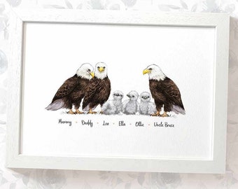 Eagle family portrait print with any names, mothers day gifts for mum, personalised birthday present for mother in law