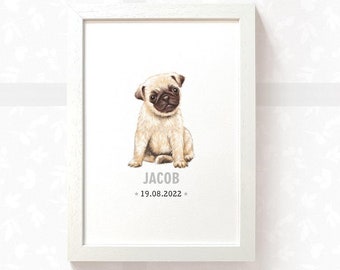 Nursery name sign Pug baby shower gift, christening gift dog nursery prints, Pug first birthday letterbox gift