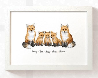 Fox print woodland nursery family of 5, woodland baby shower gift, gender neutral triplet baby gift, christening gifts nursery name sign