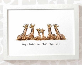 Giraffe family portrait print with any names, mothers day gifts for mum, personalised birthday present for mother in law