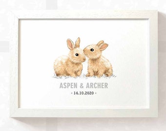 Twin baby gift Bunny Rabbit nursery name sign, woodland baby shower christening gift nursery prints, First birthday letterbox gift