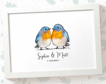 Bluebird Wedding Gifts, Personalised Bird Print Engagement Gifts or 1st Anniversary Gift for Her, Valentines Day Gift for Him