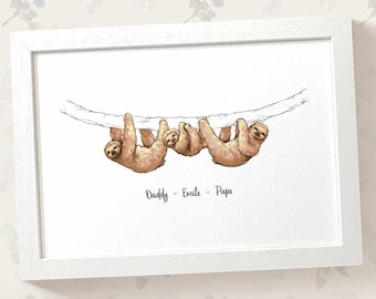 Sloth family portrait print with any names, mothers day gifts for mum, personalised birthday present for mother in law