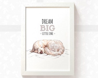 Goldendoodle dog Print “Dream big little one” nursery wall art newborn gift, dog nursery art new baby gift, baby shower gift dog wall art