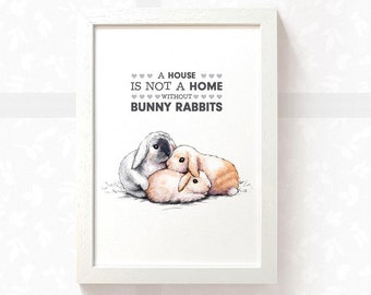 Konijnenprint "Een huis is geen thuis zonder konijntjes" 3 konijnen, housewarmingcadeau beste vriend cadeau, nieuw huis cadeau moeder verjaardagscadeau voor haar