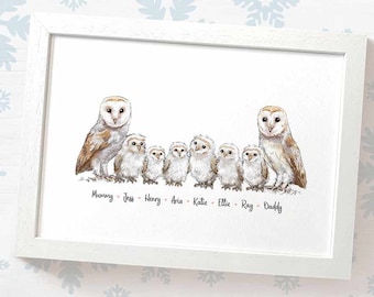 Owl family portrait print with any names, mothers day gifts for mum, personalised birthday present for mother in law