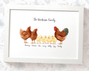 Chicken family portrait print with any names, mothers day gifts for mum, personalised birthday present for mother in law