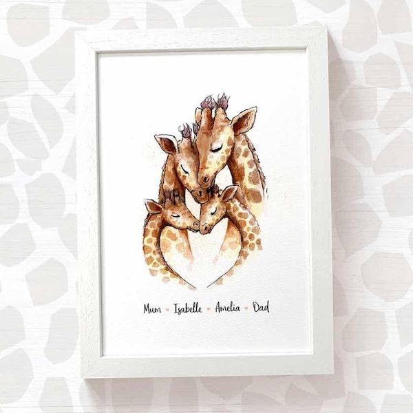 Personalised Giraffe Family Portrait Print (Family of 4, 2 Parents + 2 Kids) – Custom Safari Art Gift