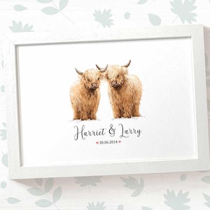 Cadeaux de mariage vache Highland, cadeaux de fiançailles imprimés personnalisés ou cadeau 1er anniversaire pour elle, cadeau Saint Valentin pour lui