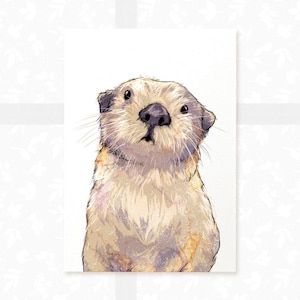 May include: A watercolour illustration of a sea otter with light brown and beige fur, looking up with a curious expression. The otter has a small black nose and dark eyes.