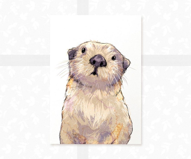 May include: A watercolour illustration of a sea otter with light brown and beige fur, looking up with a curious expression. The otter has a small black nose and dark eyes.