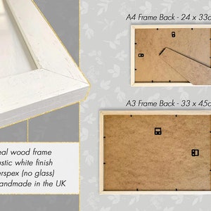May include: A white wood picture frame with a rustic finish. The frame is made of real wood and has a perspex front. The frame is handmade in the UK and comes with a backing board. The backing board is shown in two sizes: 24 x 33 cm (A4) and 33 x 45 cm (A3).